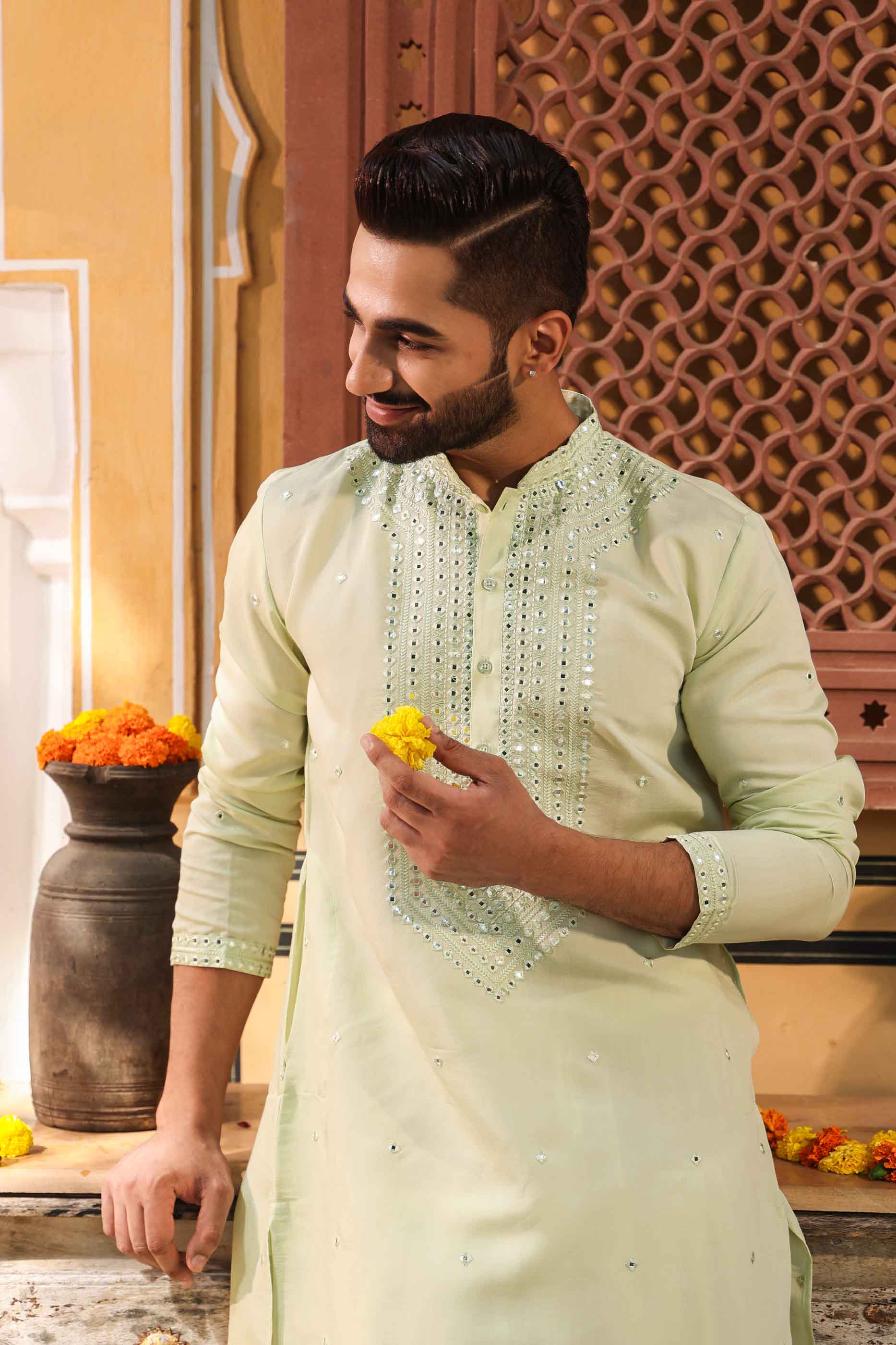 Green Mirror work Kurta